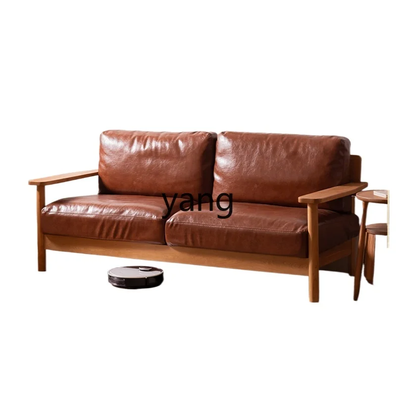 

Lmm solid wood sofa straight row simple small apartment living room three people oil wax leather