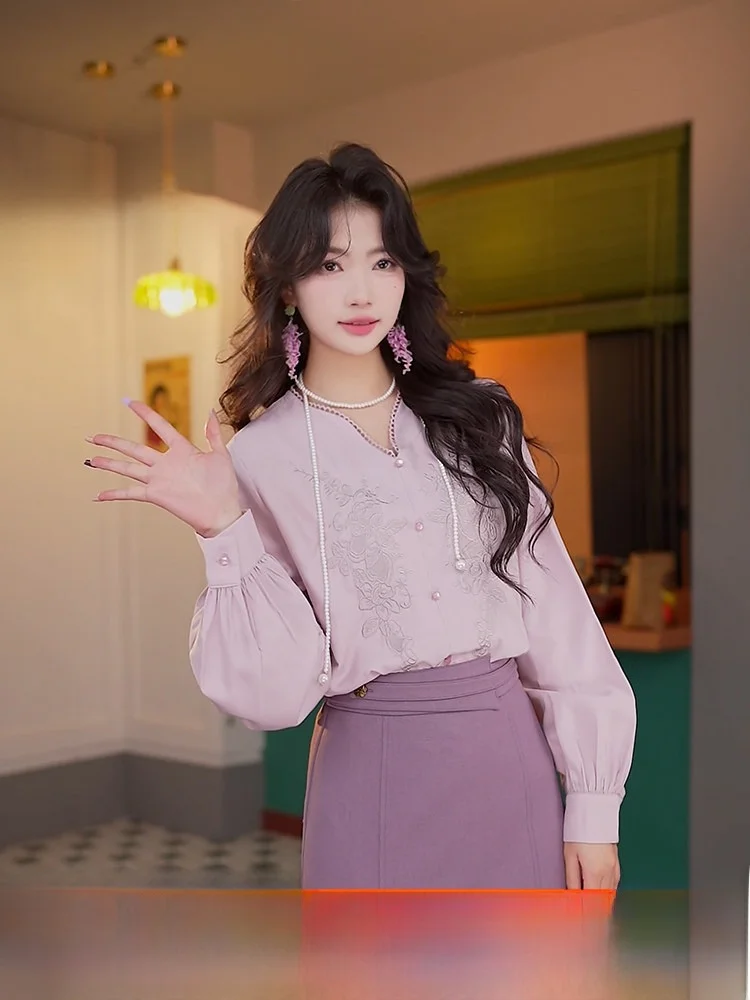 

Chen Jiajie Pink Flower adow Unique Ele Women's irt Luxury Anti-Aging Trendy Loose Fit Button up Long Sve V-Ne