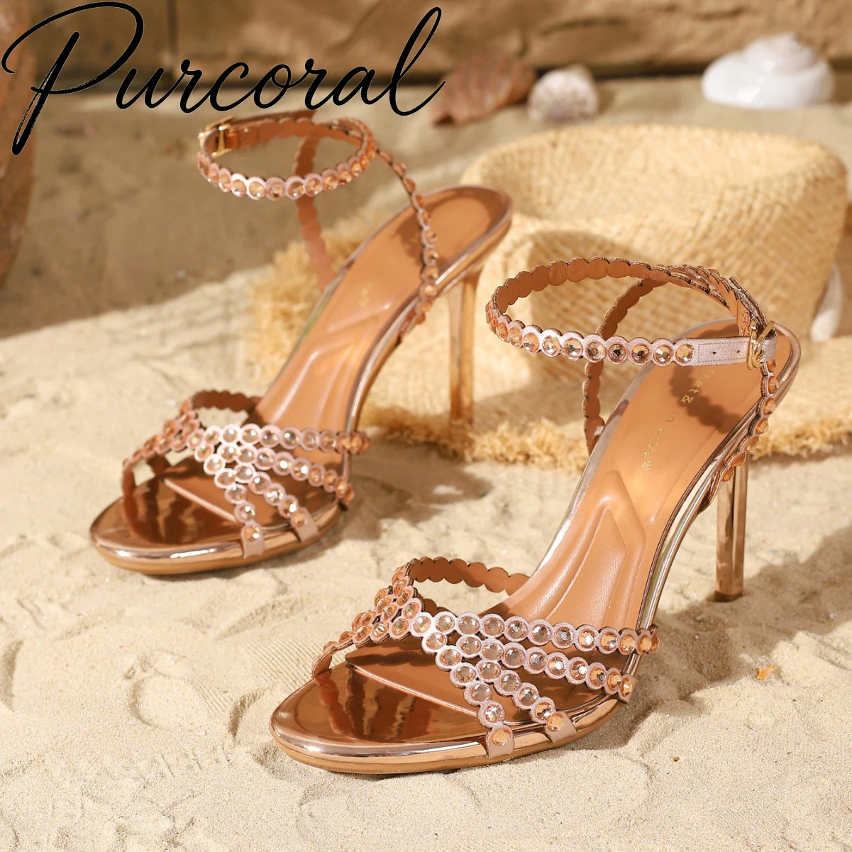 

Women Gold Rhinestone High Heel Sandals Ankle Strap Thin Stiletto Heel Open Toe Party Dress Shoes Female Crystal Sandalias Mujer