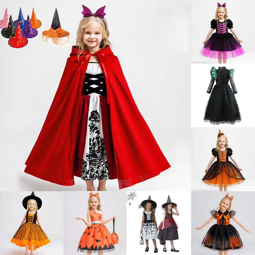 

New Kids Witch Halloween Costumes For Girls Pumpkin Mesh Vampire Children's Dress Bat Print Scary Red Demon Cape Cosplay Cloth