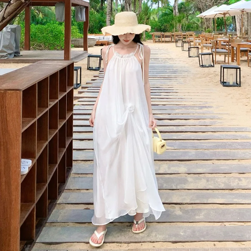 2024 New Holiday Style Bridesmaid Chiffon Dress Elegant Women Summer Vacation Fairy Dress Lolita White Long Grunge Party Clothes