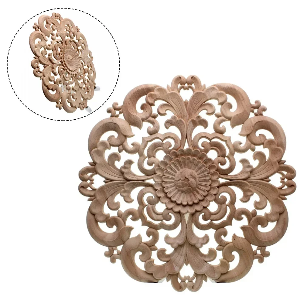 Home Decoration Onlay Applique Woodcarving Decal High Quality Round Wooden Decor 15/20cm Decorative Flower Board