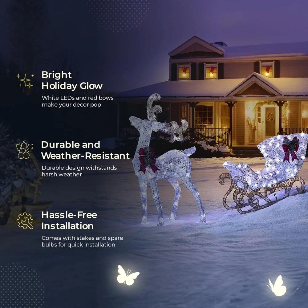 Metal Reindeer and Sleigh Christmas Decoration with Bright LED Lights, Outdoor Holiday Lawn Decoration