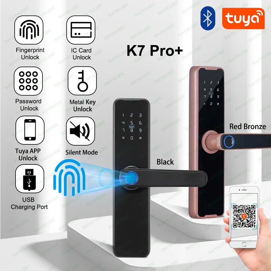 RAYKUBE Biometric Fingerprint Door Lock K7 Pro+ Black Smart Lock Tuya App Remote Unlocking Keyless Lock Electronic Door Lock