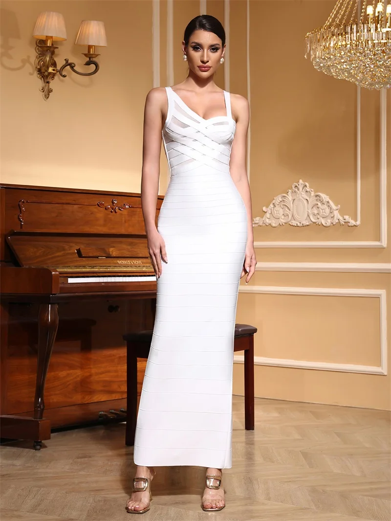 

White Black Bandage Prom Dress Sexy Stripe Sleeveless Long Sheath Party Gown Formal Wedding Guest Birthday Robe