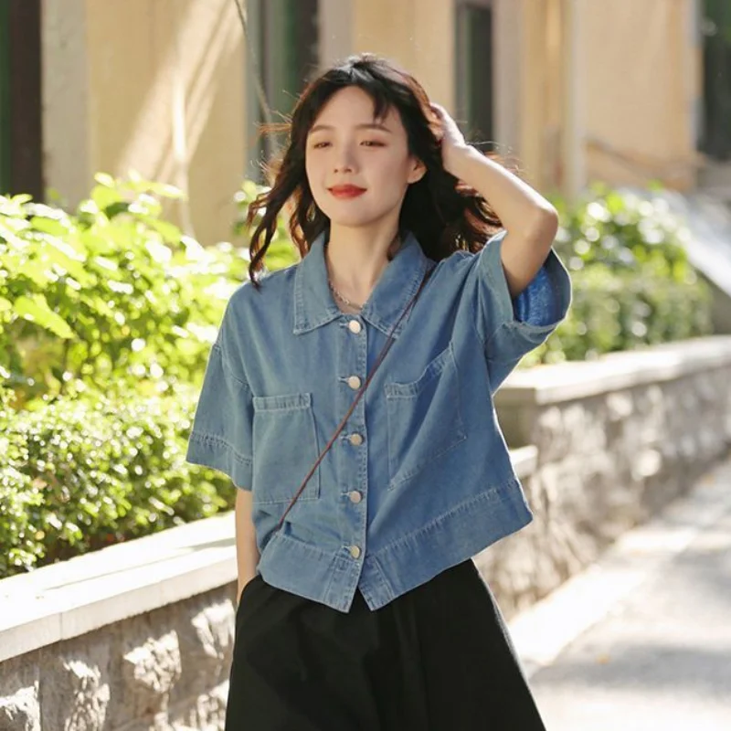 Shirt Women Summer Denim Chic Retro Design Baggy Stylish Popular All-match Fashion Pockets Korean Style Classic Teenagers Ins