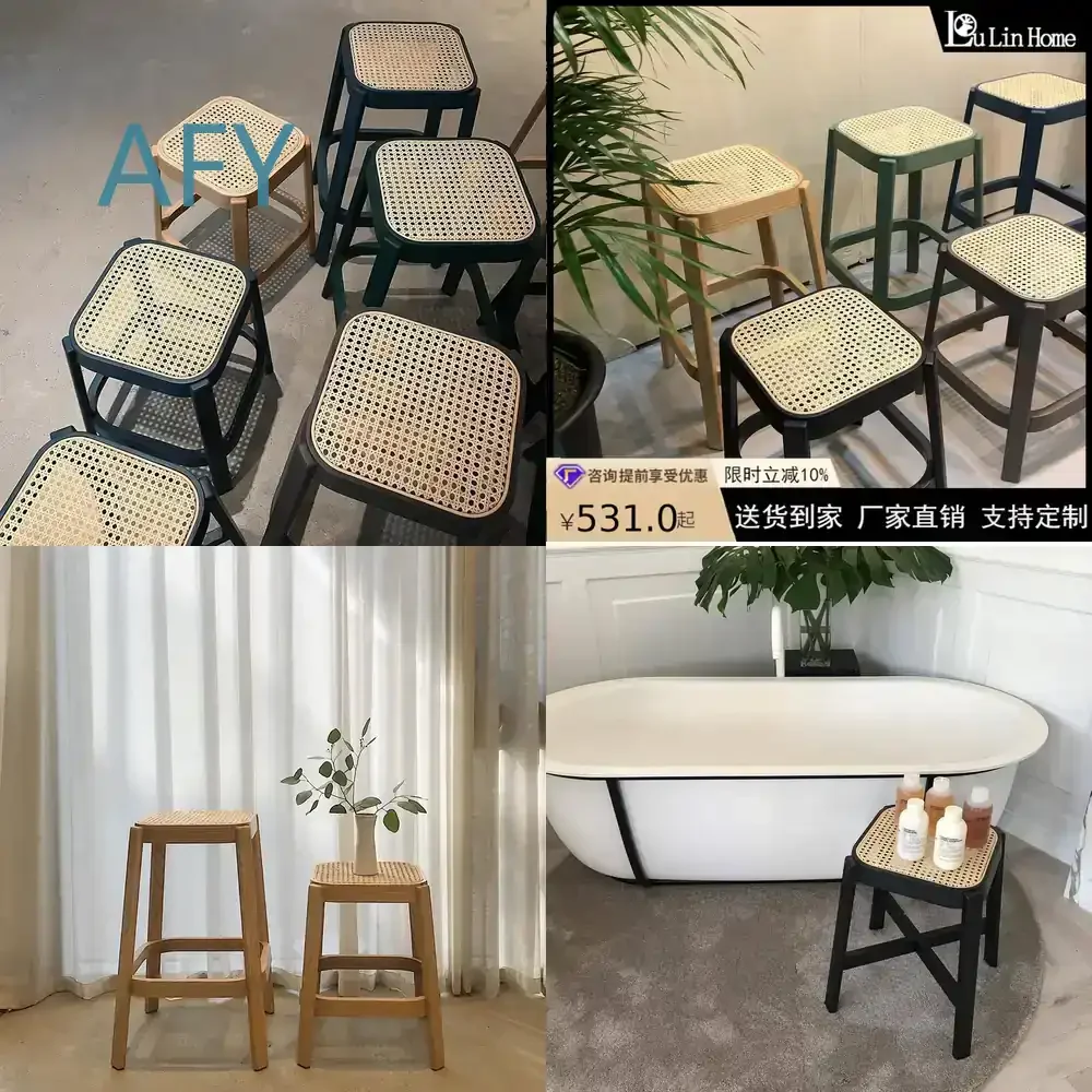 Nordischer Stil Massivholz Esszimmerstuhl für Zuhause, Hotel, Café – Ästhetischer Ins-Stil mit Korbgeflecht-Sitz, Natur-Rattan-Hocker-Set für japanische Einrichtungen