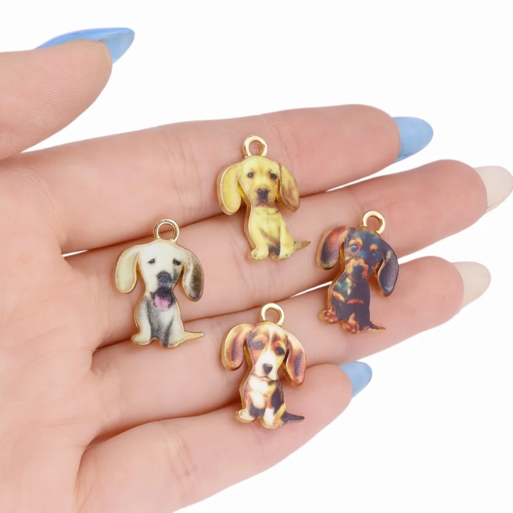 10Pcs Enamel Drip Oil Dog Pendants Cute Cartoon Animal Bracelet Necklace Charm Jewelry DIY Keychain Accessories Gold Color Metal