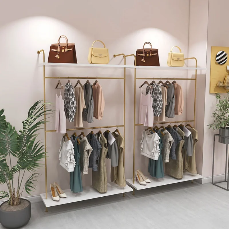 Custom, Custom Mooie Gouden Muur Gemonteerde Kledingstuk Rek Retail Kleding Winkel Interieur Lay-Out Ontwerp
