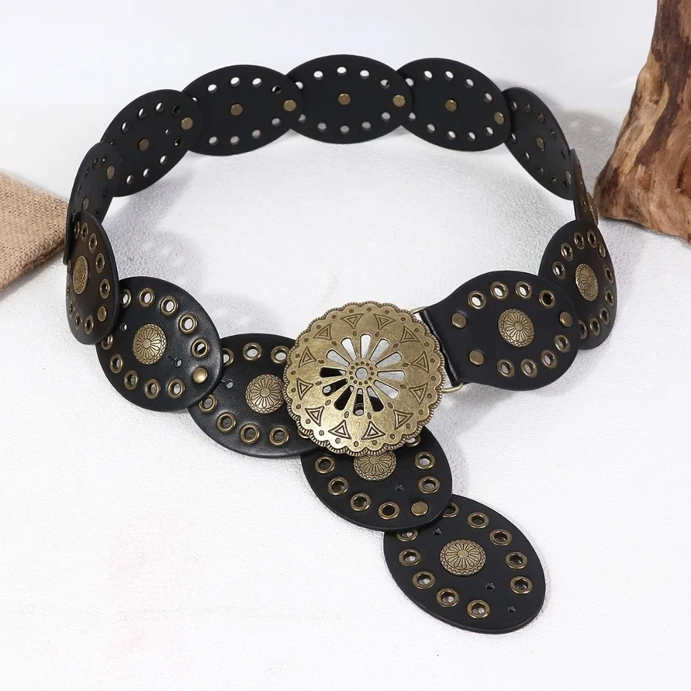 Trendy Retro Design Breiten Gürtel Persönlichkeit Runde Western Cowboy Taille Strap Hohl Metall PU Leder Hosen Kleid Gürtel Für Frauen