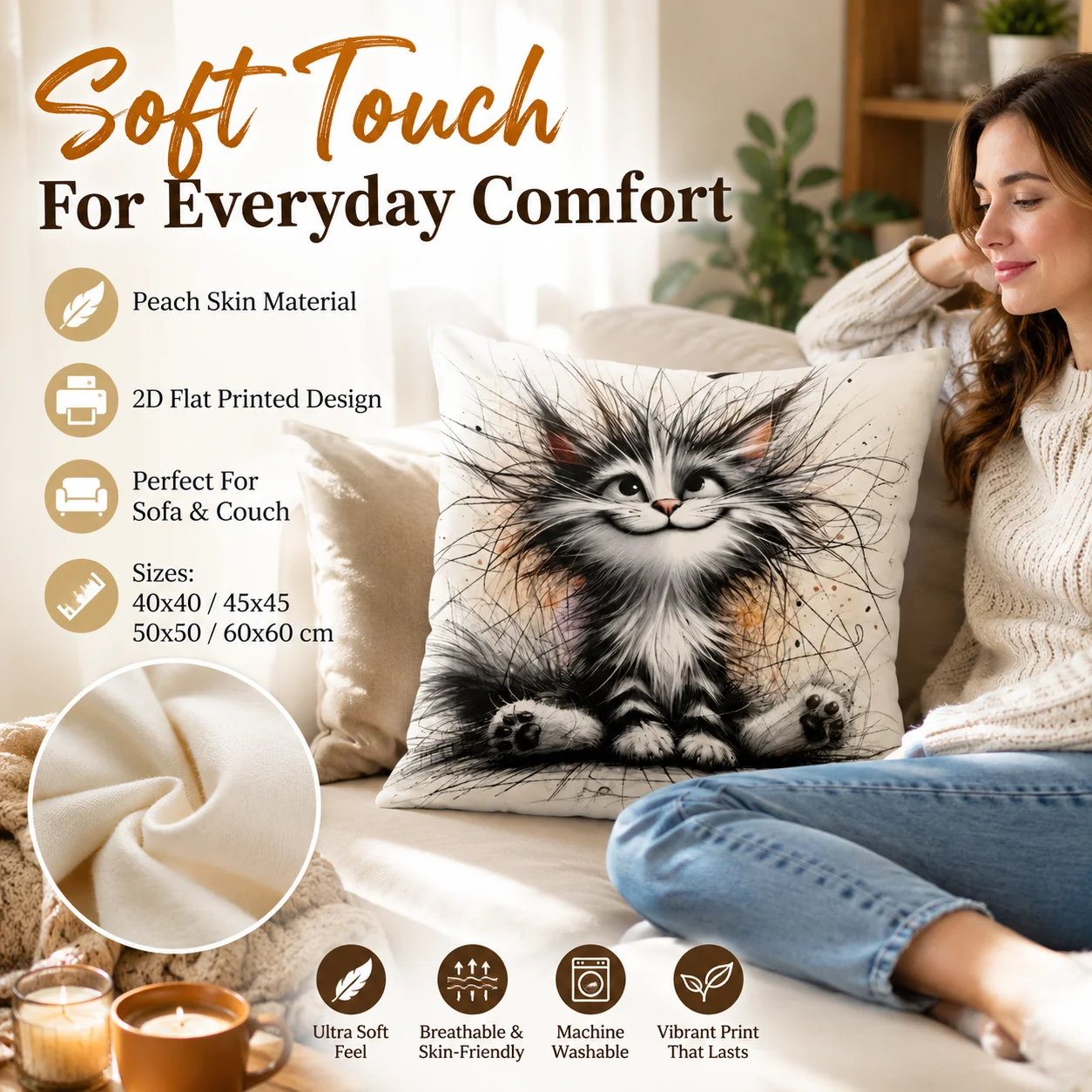 Crazy Hair Cat Pillowcase 2D Flat Printed Peach Skin Funny Animal Cushion Cover for Sofa Living Room Bed Quirky Home Decor