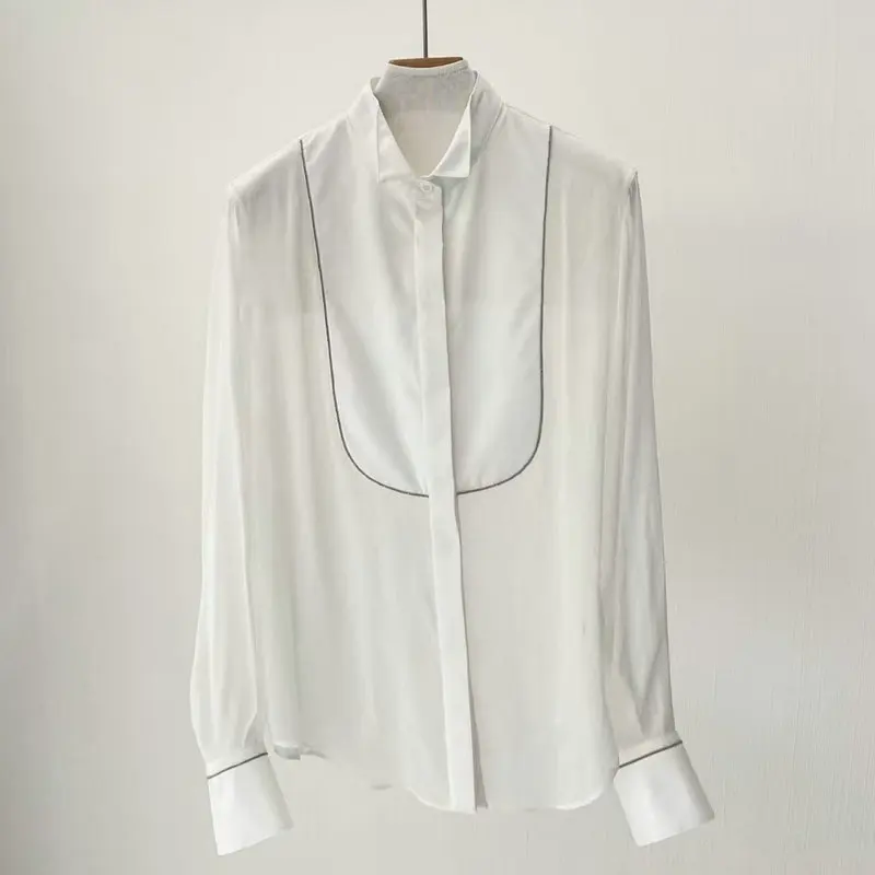 

High-End Spring Summer New Perspective Shirt Silk Linen Blended Long Sleeve Shirt for Women