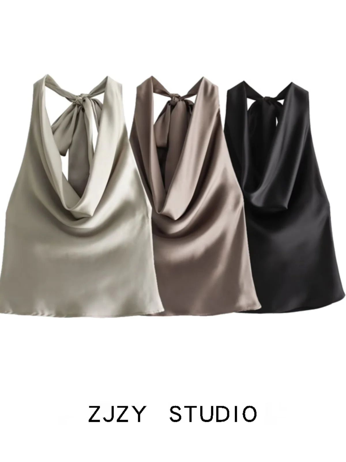 

New European and American style women's clothing, French minority silk satin texture choker neck short top