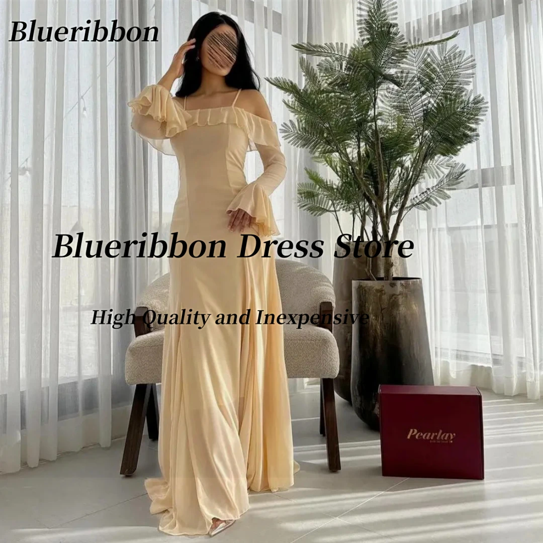 Blueribbon Spaghetti Bateau Neck Prom Dresses Long Sleeves Zipper Back Bridesmaid Dress for Weddings Chiffon Evening Formal Gown