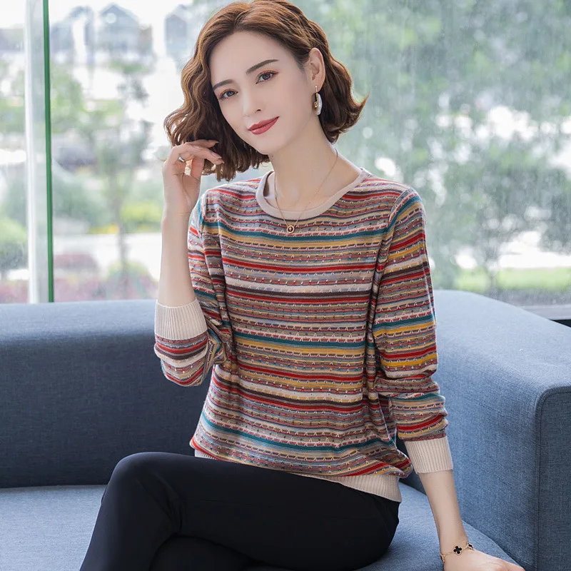 S-3XL Middle Aged Mother Base Sweater Women's Spring Autumn New Striped Long Sleeve Top Round Neck Pull Femme Knitwears