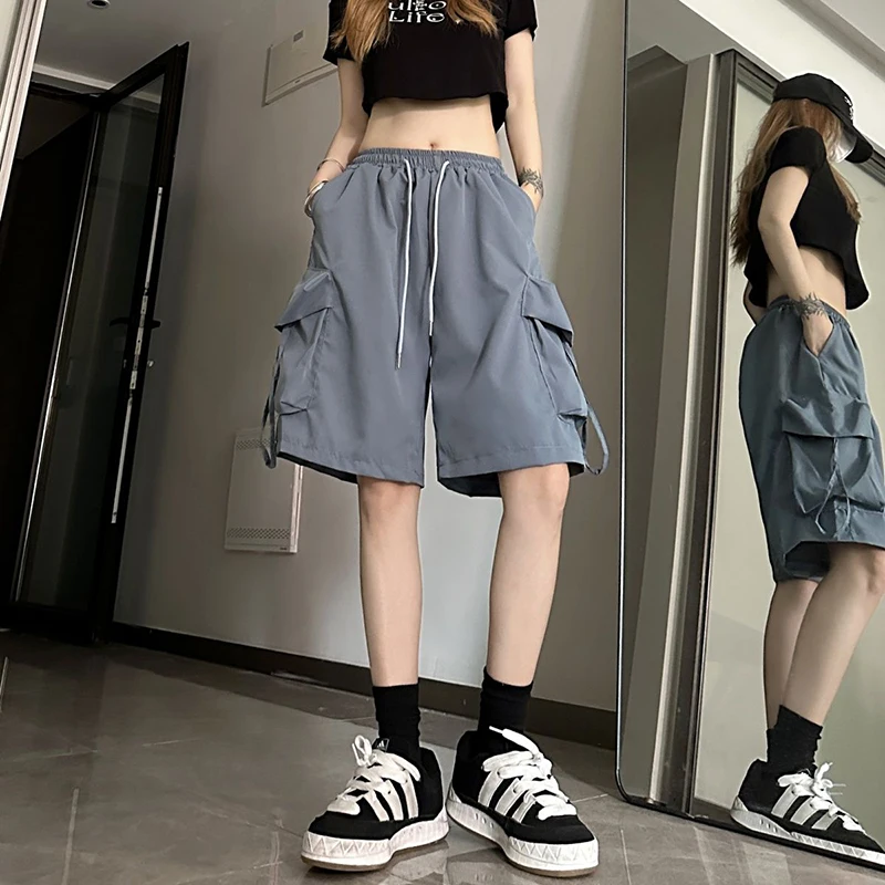 Gidyq Women High Waist Cargo Shorts American Style Streetwear Summer Wide Leg Pants Fashion Female Big Pocket Loose Shorts New