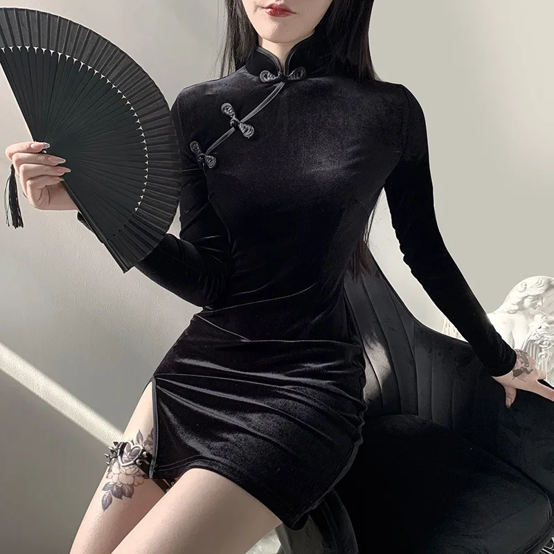 black chinese mini dress Black Qipao Mini Dress with Pearls
