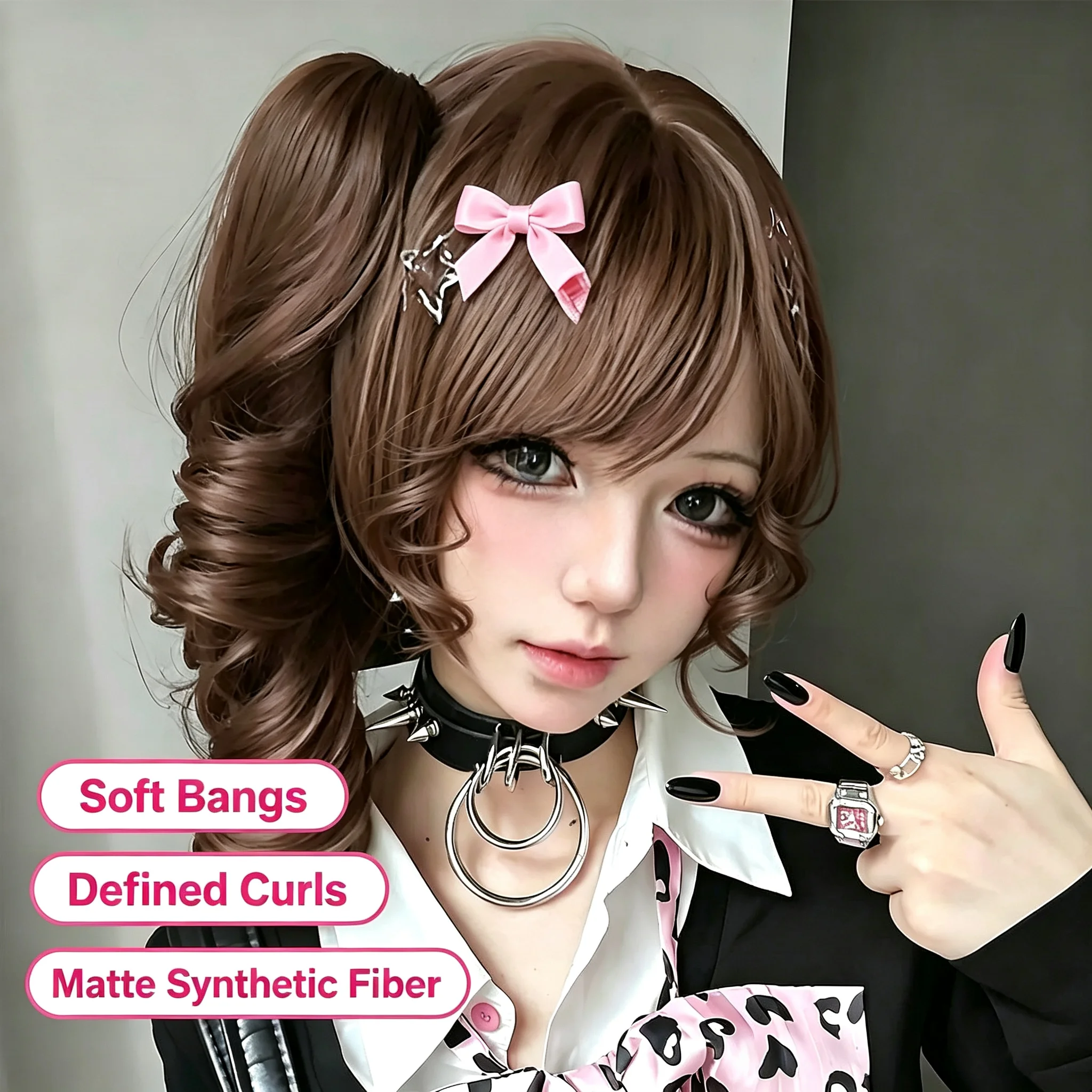Honey Brown Y2K Gyaru Side Ponytail Roman Curly Short Wig with Bangs Synthetic Fiber Cosplay Daily Face Slimming Full Head Wig