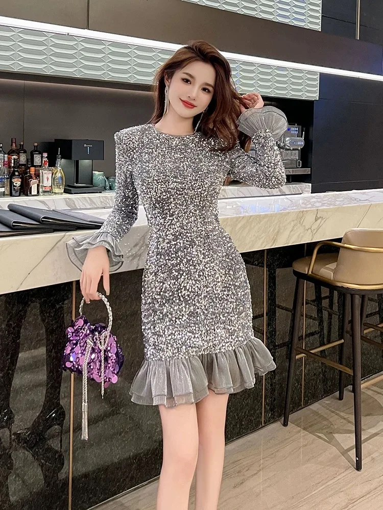 Sequined Lady Elegant Dress Winter Ruffles Dinner Banquet Women Luxury Dresses Female Korea Style Sexy Chaming Dress Party Dress