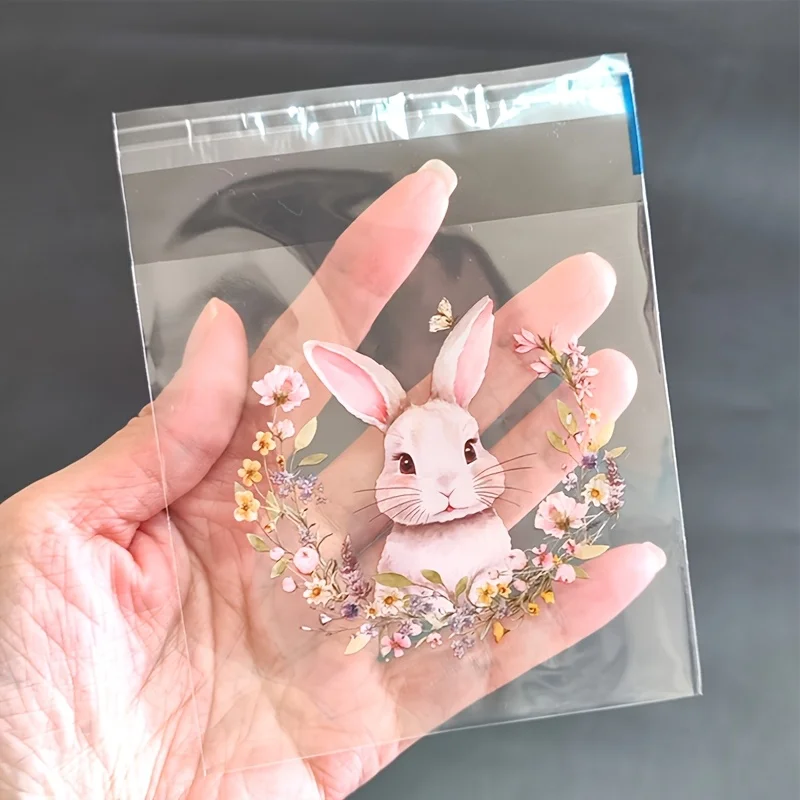 100/200 Stück Geschenktüten mit Osterhasen- und Blumenmuster, niedliches Hasen- und Frühlingsblumenmuster, transparente, selbstklebende Beutelverpackung – Detail 7