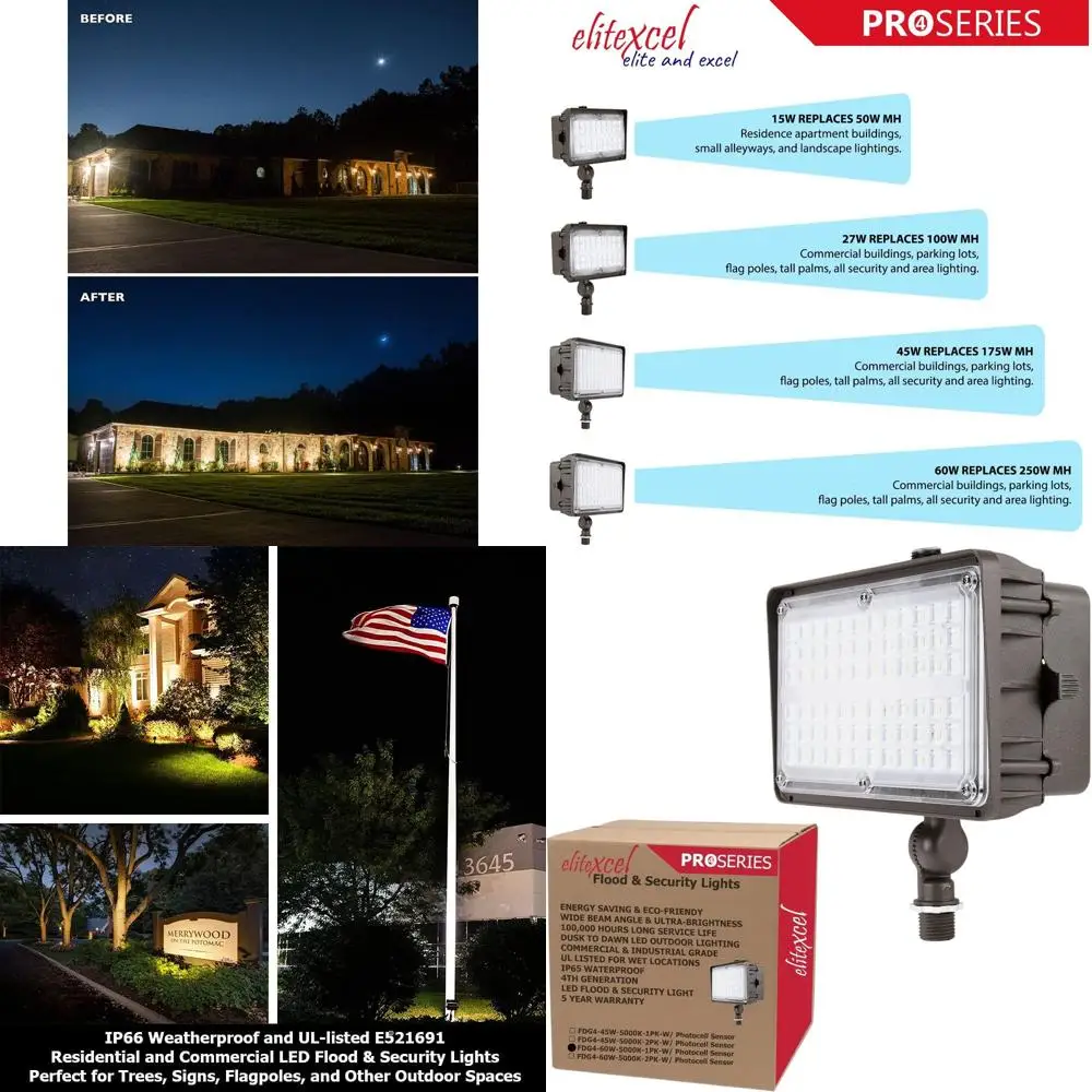 

Уличный светодиодный светильник безопасности 60 Вт, 7450 люмен, 5000K дневной свет, эквивалент 250 Вт MH, 120-277 В, сертифицирован UL для двора, сада, гаража, патио