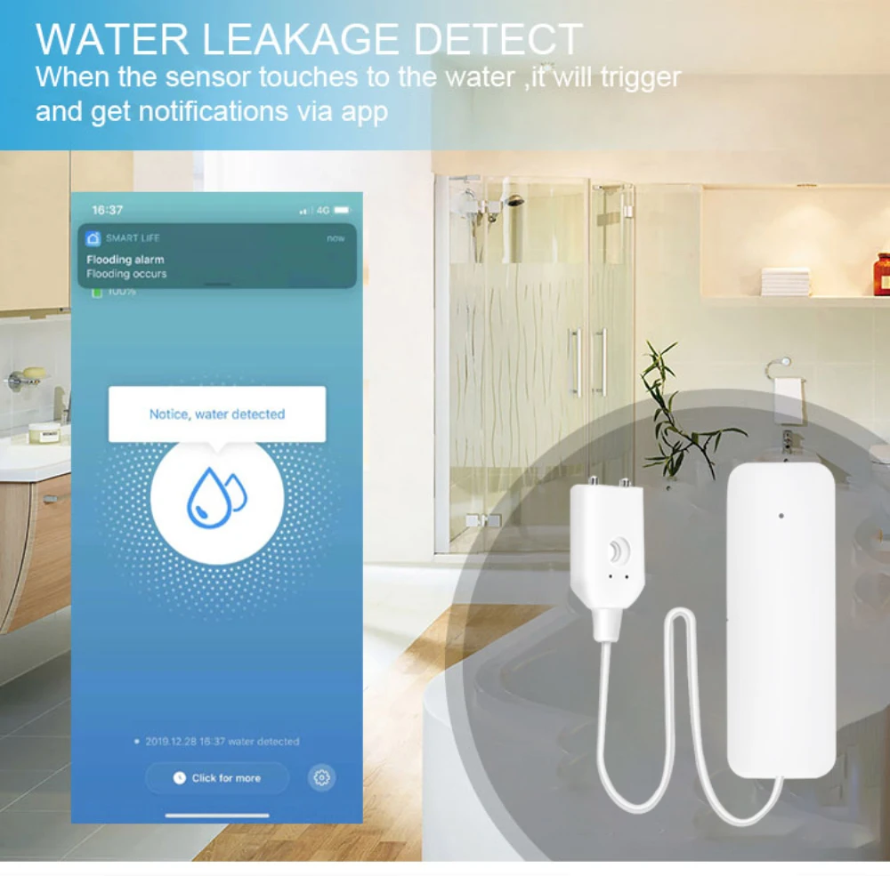 Tenky Tuya Zigbee Water Leakage Alarm Water Leak Sensor Detector Flood Alert Overflow Security Alarm Work with Zigbee Gateway