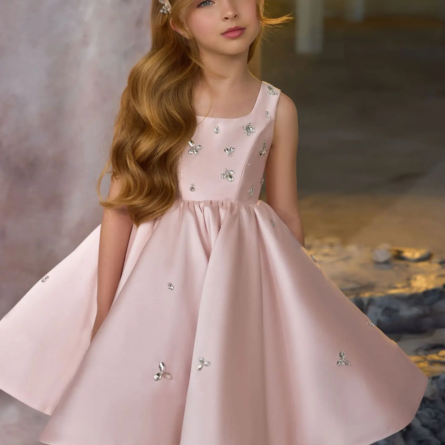 Jill Wish-Robe en Satin Rose Élégante pour Fille, Tenue avec Perles, Col Carré, Longueur aux Genoux, pour ixde Mariage, d'Anniversaire, de Vacances, 2025