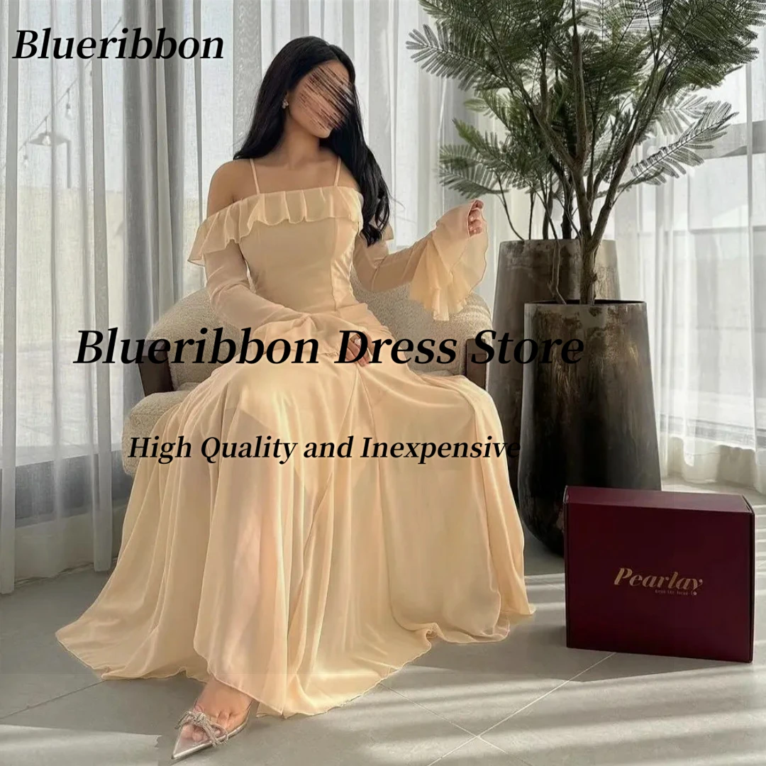 Blue Ribbon Spaghetti Bateau Neck Ballkleider lange Ärmel Reiß verschluss zurück Brautjungfer Kleid für Hochzeiten Chiffon Abend Abendkleid