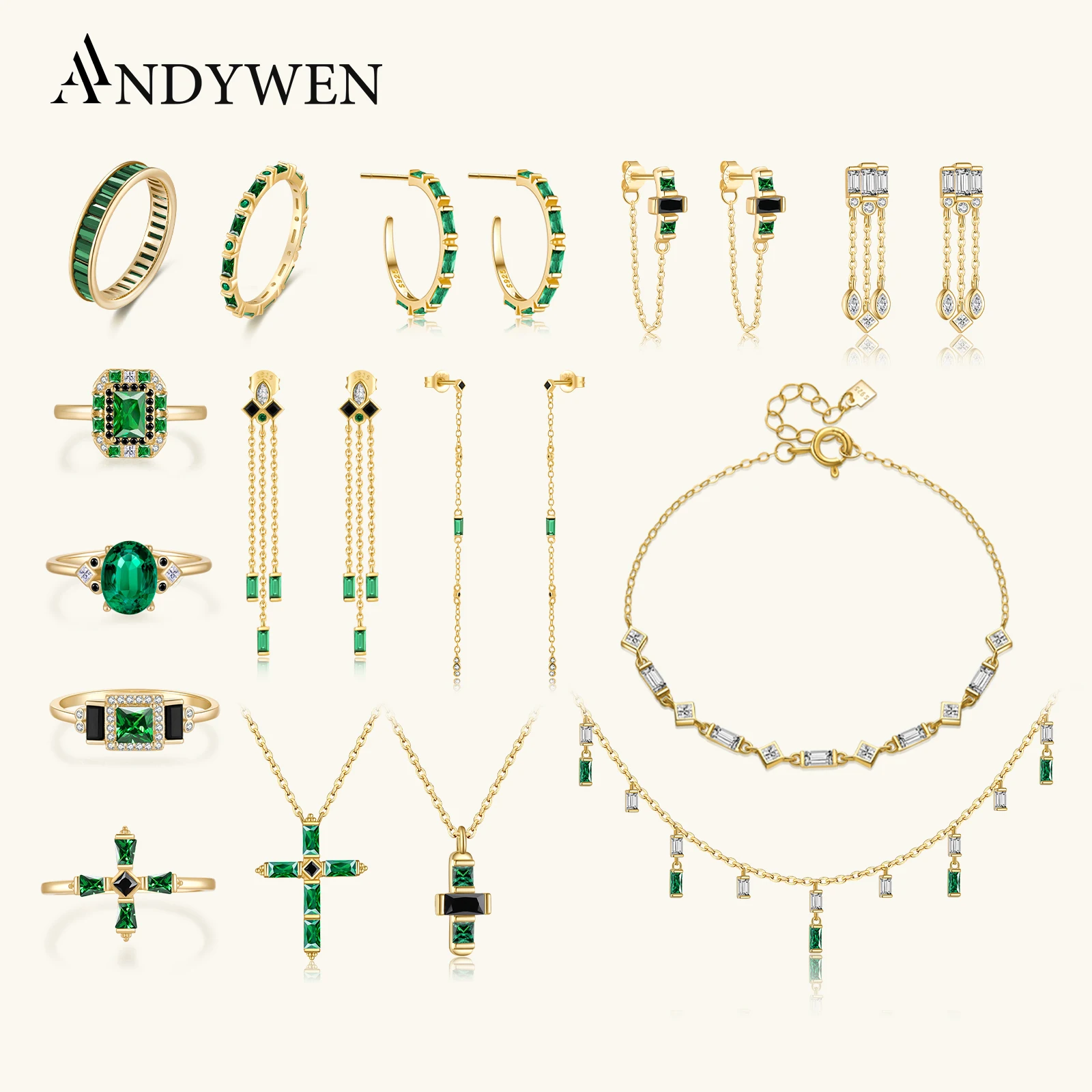 ANDYWEN-pendiente de cadena negra, Plata de Ley 925, oro, verde, collar cruzado, Anillo, conjunto de joyería, Anillo Fino Sabrina, joyas de circón