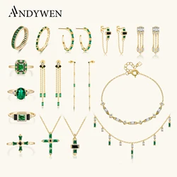 ANDYWEN 925 Sterling Silver Gold Green Black Chain Earring Cross Necklace Ring Jewelry Set Anillo Fino Sabrina Zircon Jewels