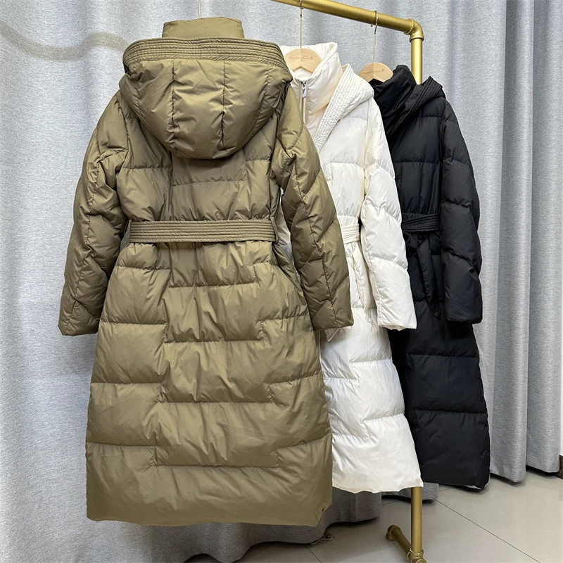 Fitaylor Winter Women White Duck Down Coat Casual Lady Hooded Zipper Long Outwear Thick Warm Solid Coat with Belt