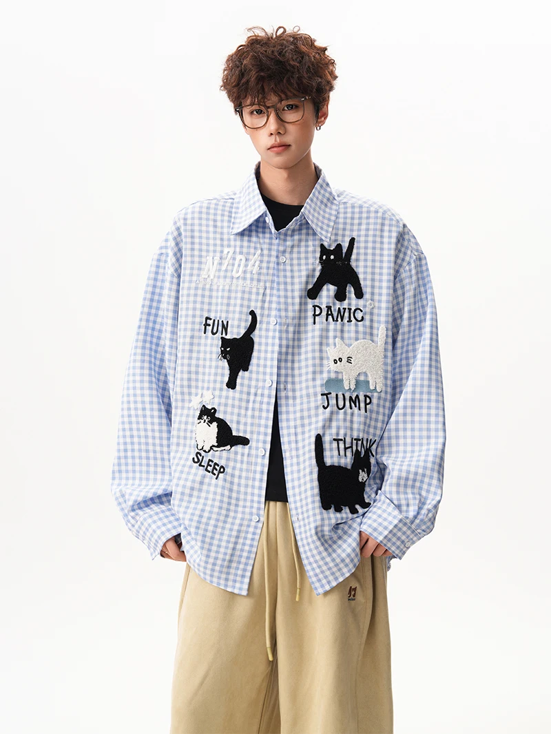 2025 Spring and Autumn New Men's Fun Cat Patch Plaid Long Sleeve Shirt Couple Loose Yellow Blue Casual Daily Shirt