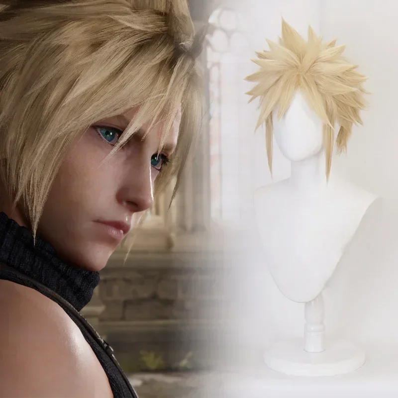 FC6Game Final Fantasy VII Cloud Strife Cosplay Costume Wig Adult Unisex Short Yellow Wigs With Hair Extensions Halloween Pr@FC8！