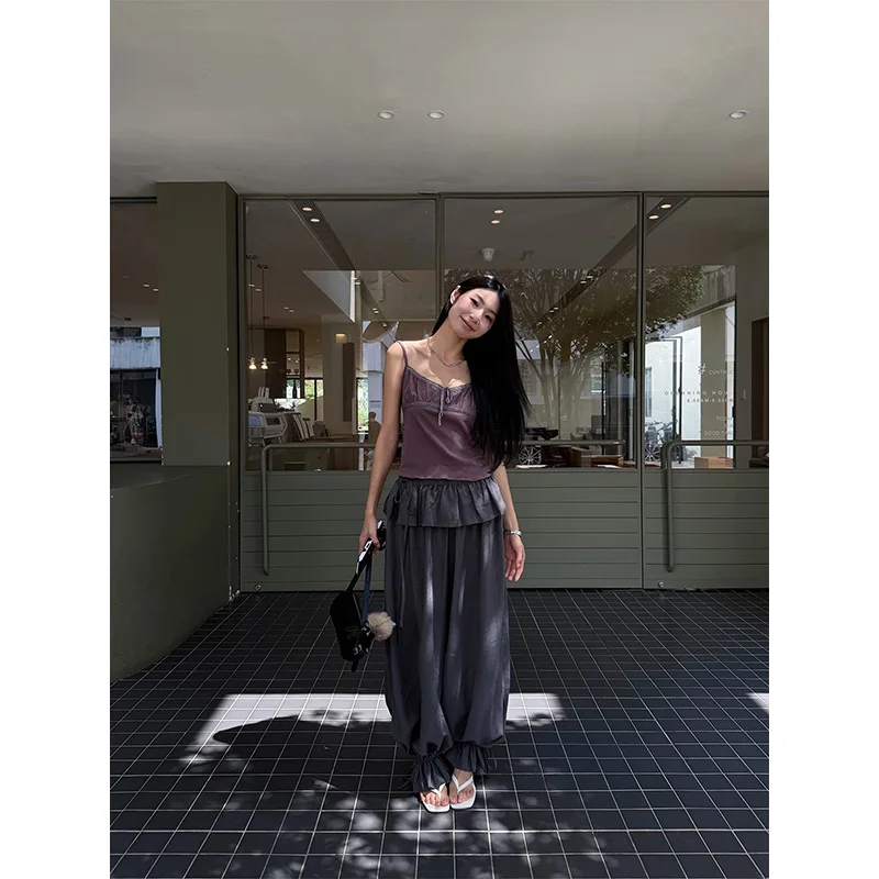 Benuynffy Drawstring Ruffle Casual Lantern Pants Women 2026 Summer New Korean Fashion Street Loose Female Pants 2000s Style