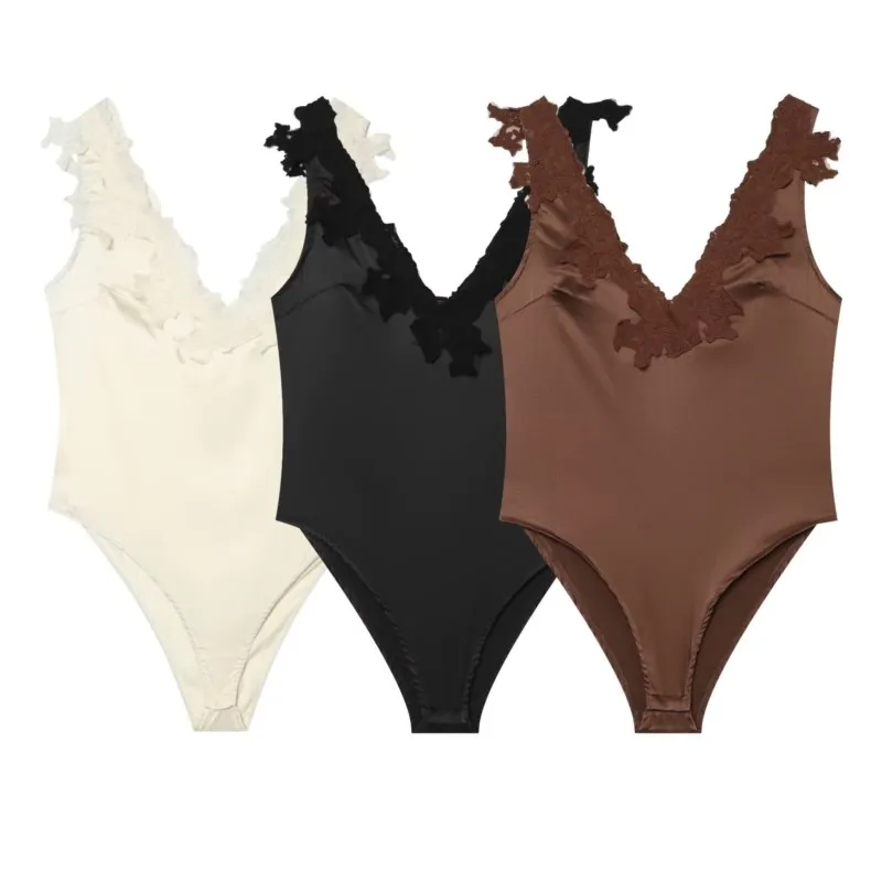 

HipSeam Women's Lace Satin Bodysuit New 2026 Summer Sexy Backless V Neck Women Playsuit Beach Style Solid Female Chic Bodysuits