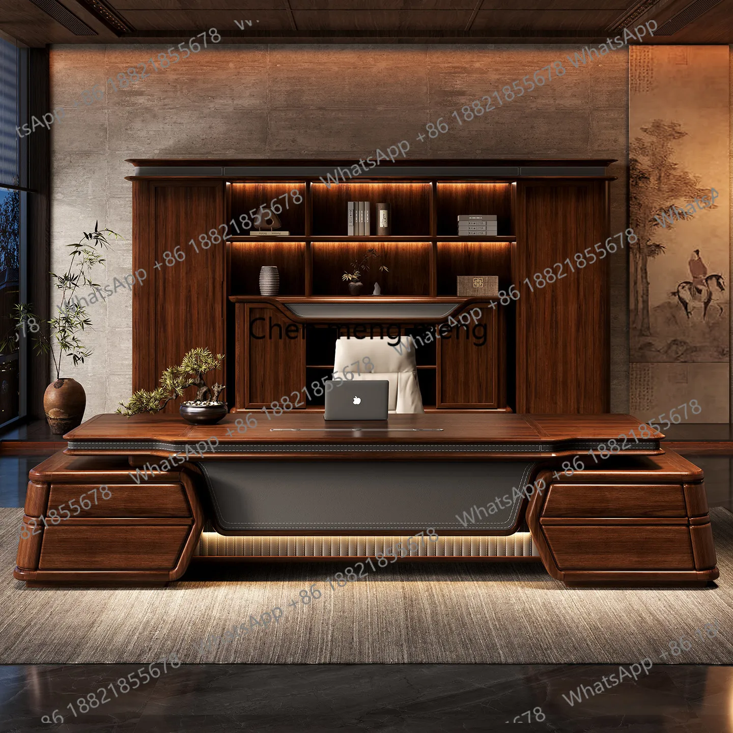 Boss table, combination of new Chinese retro style luxury solid wood high-end walnut president table big desk