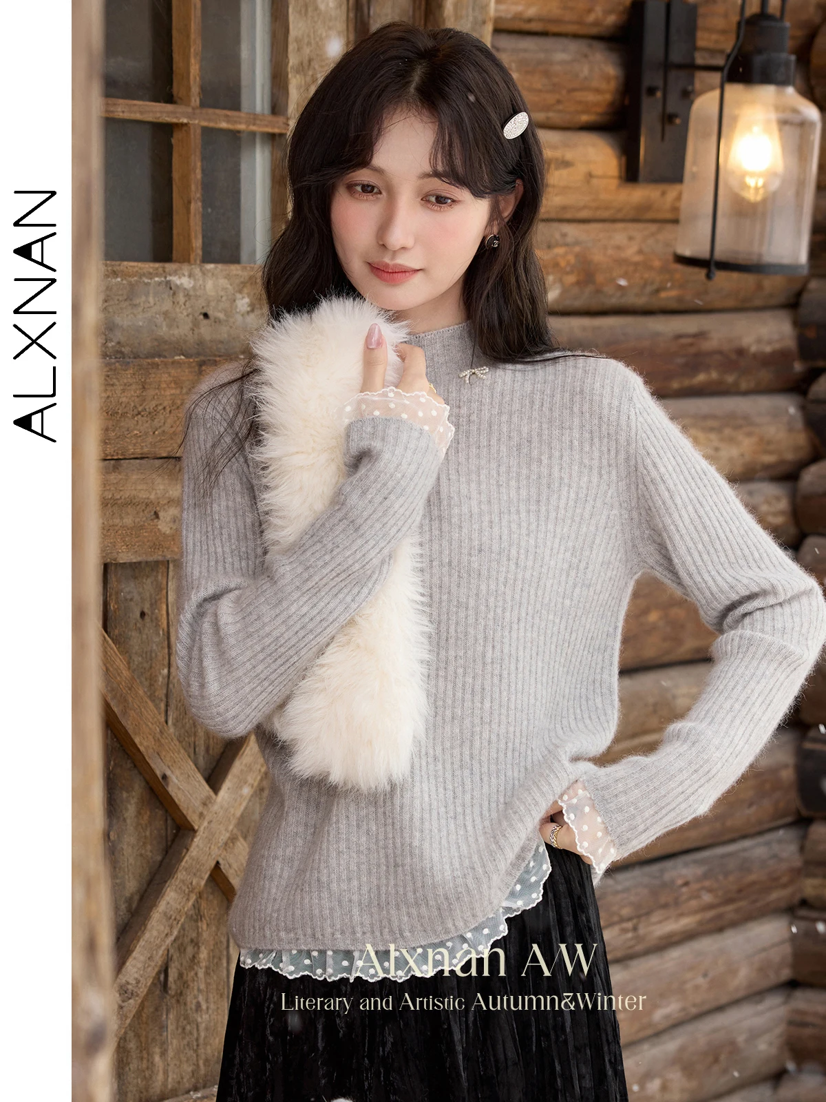 

ALXNAN Gray Pullover Women Fall Winter Warm Round Neck Patchwork Lace Sweaters Casual Slim-fit Long Sleeve Knitted Tops L52561