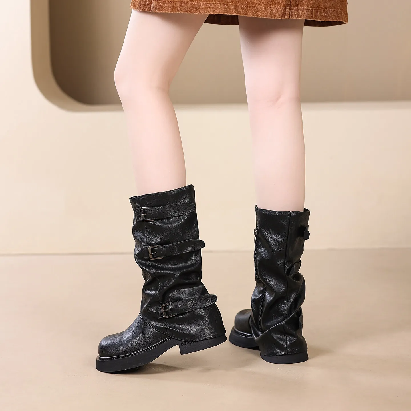 

5cm Spring Autumn Womens Chunky Platform Knee High Slouchy Stacked Boots Fleece Lined Size 35 to 42 Knight Boots