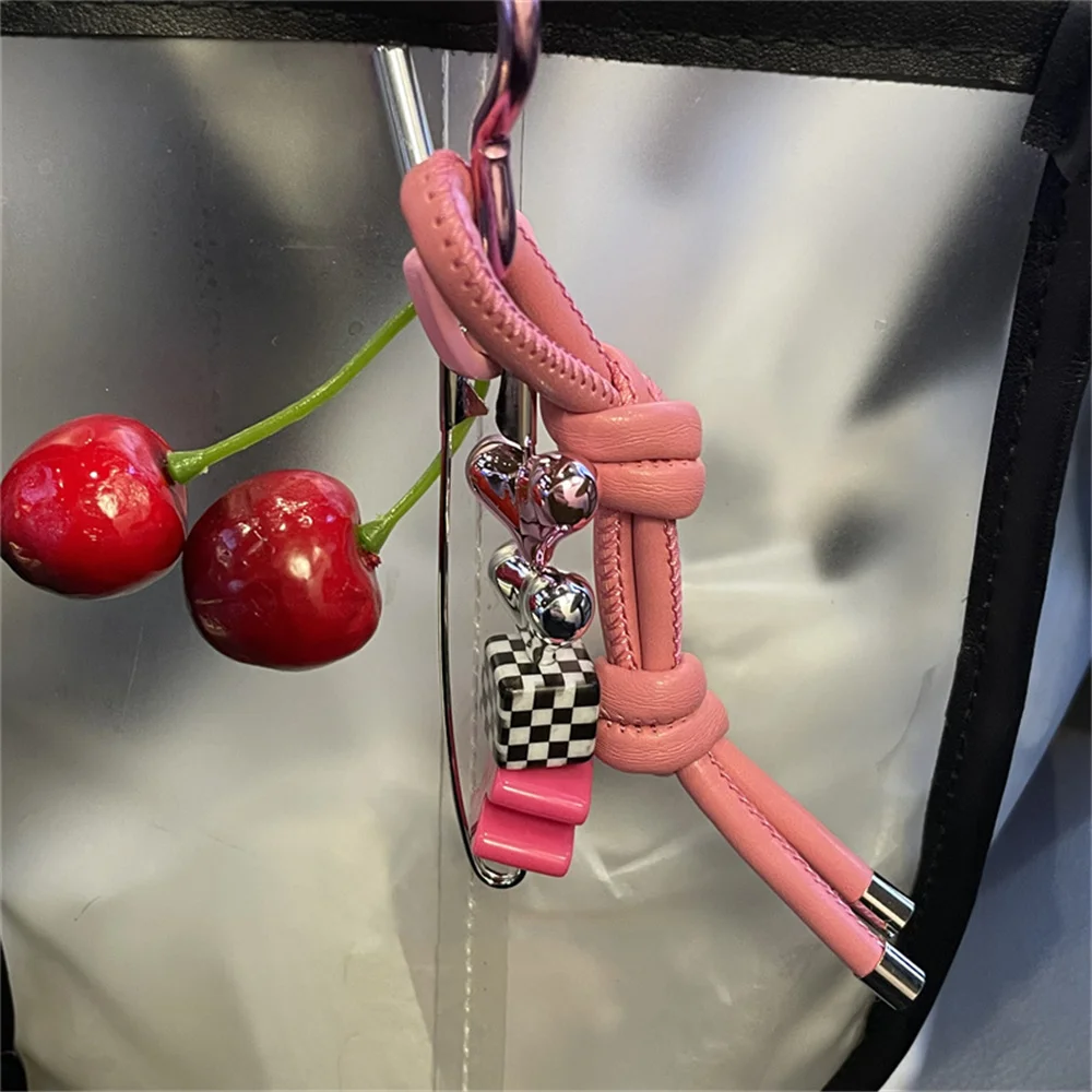 INS Korean 3D Cherry Heart Leather Rope Pendant Chain Strap For iPhone 16 Keyring Bag Camera Women Phone Hanging Rope Cord Gift