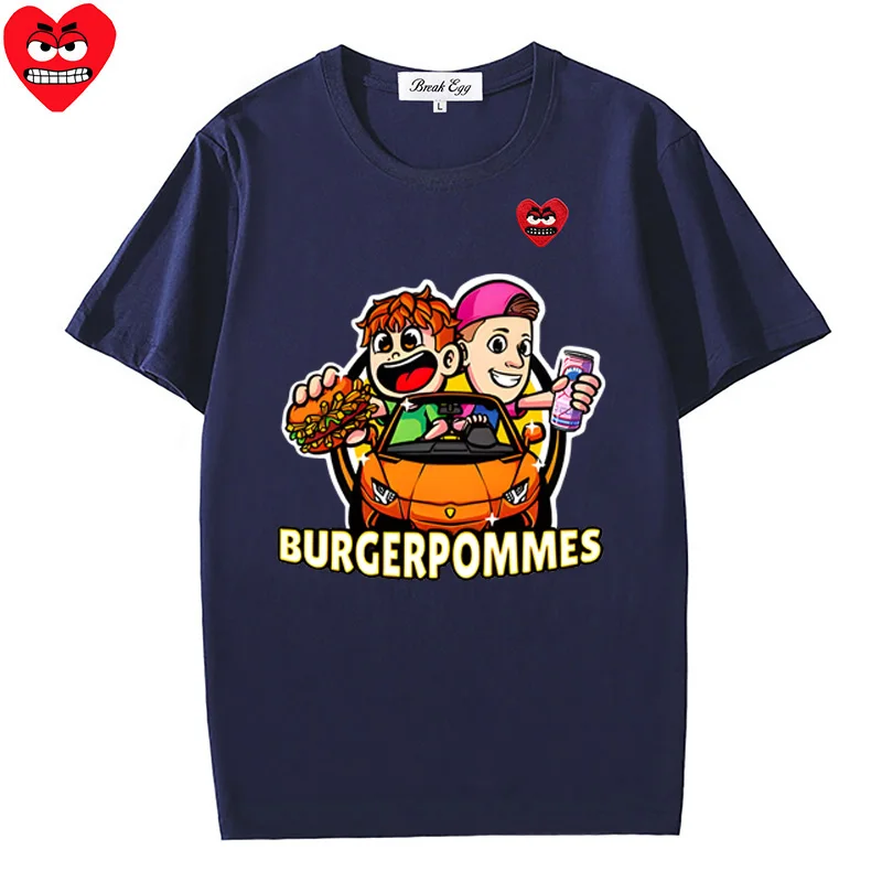 Burgerpommes Icrimax Graphics Printing Women Men T-shirt Cotton Cute Snag Heart Embroidery O-neck Short-sleeved Summer T-shirt