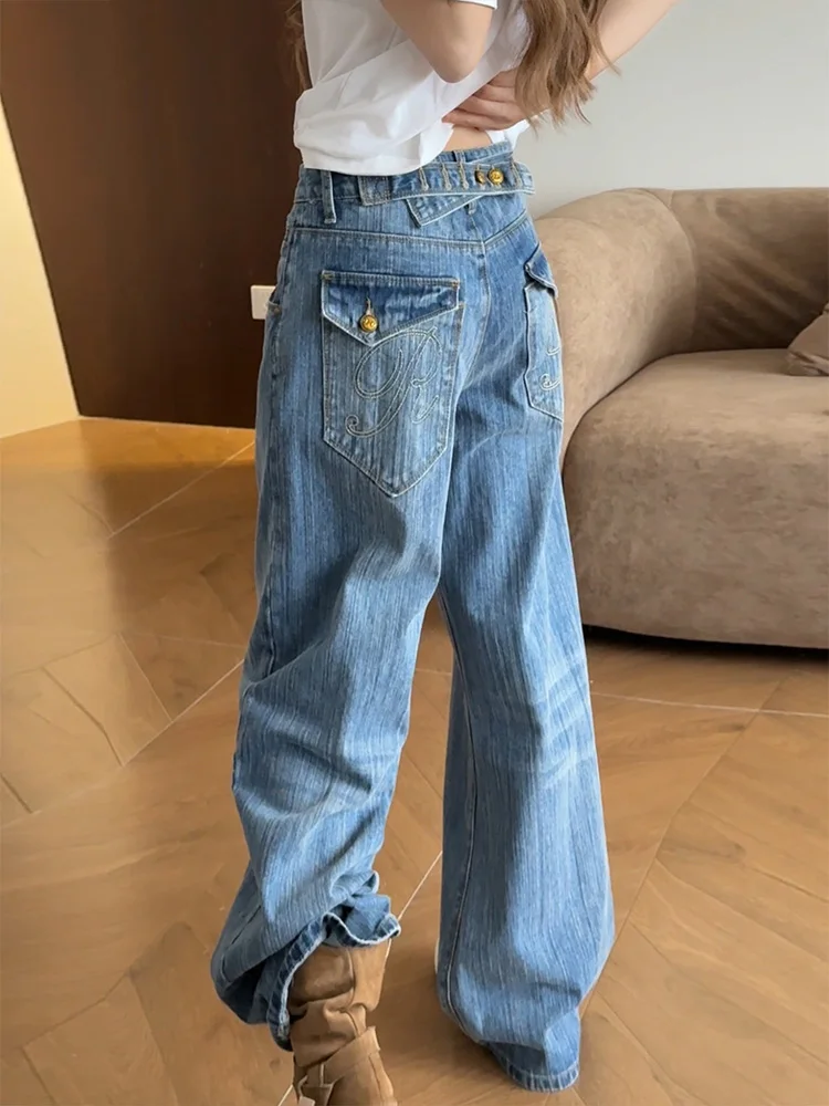 

Loose Fitting Lazy American Retro Denim Jeans Women Summer New Style Spicy Girl Paris Adjustable Buckle Floor-Length Pants