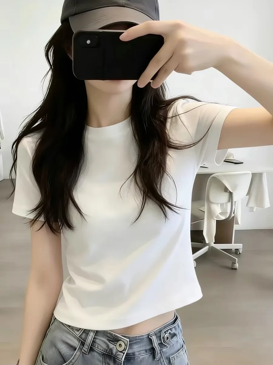 Slim Fit Cotton Short Sleeve round Neck T-Shirt Women's Summer Korean Style Commute Pure Color Breathable Sweat Absorbent