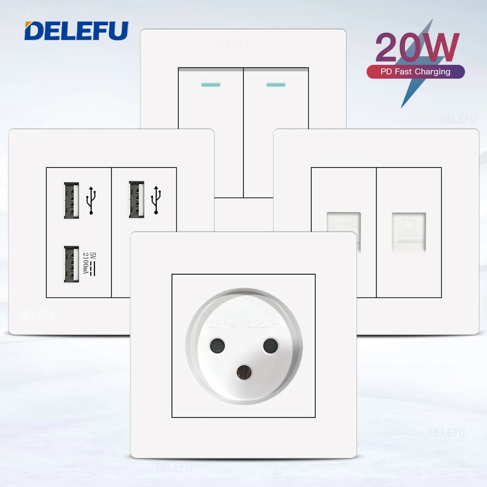 

Огнестойкая панель ПК DELEFU, 86 мм, белая, Израиль, стандартная USB-панель типа C, настенная розетка для быстрой зарядки, переключатель ТВ-телефона CAT5 CAT6