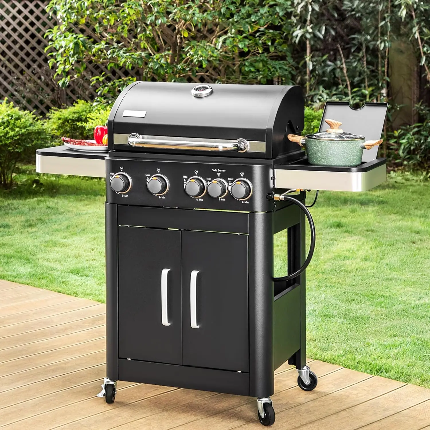 2 in 1 Propane Gas Grill with Side Burner & Porcelain-Enameled Cast Iron Grate, 4-Burner Flat Top Grill, 46,700 BTU Barbecue.