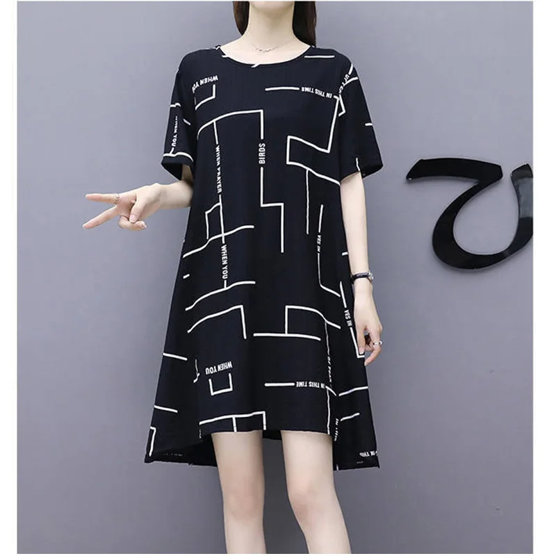 

Fashion O-Neck Loose Printed Asymmetrical Casual Dresses Female Clothing 2023 Summer New Oversized Korean Irregular Mini Dress