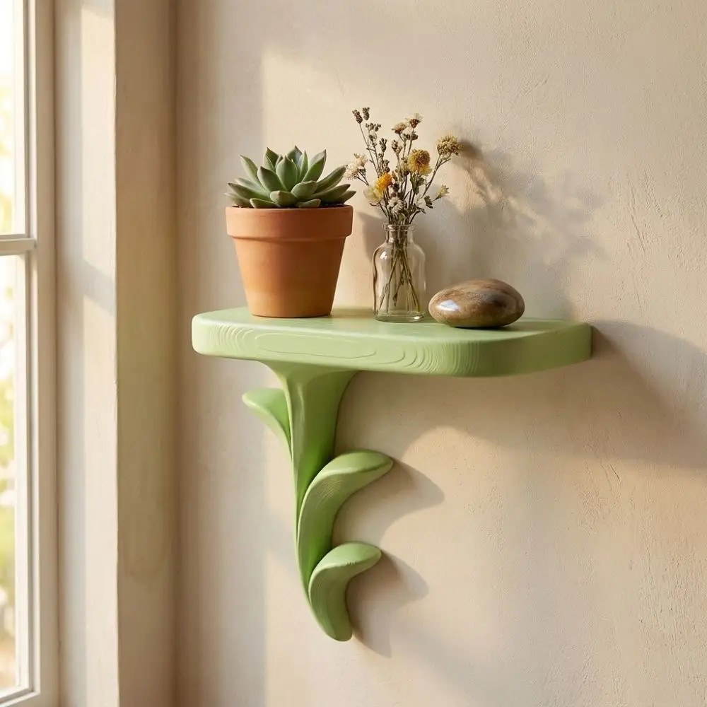 Plant Style Sprout-Shaped Floating Wall Shelf 3D Printed Plastic Green Plant Display Stand Irregular Artistic Stable