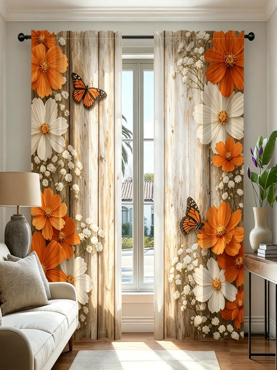 2PCS Orange White Floral Butterfly Curtains, Rustic Wood Grain Farmhouse Pattern Window Drapes for Bedroom Living Room Decor