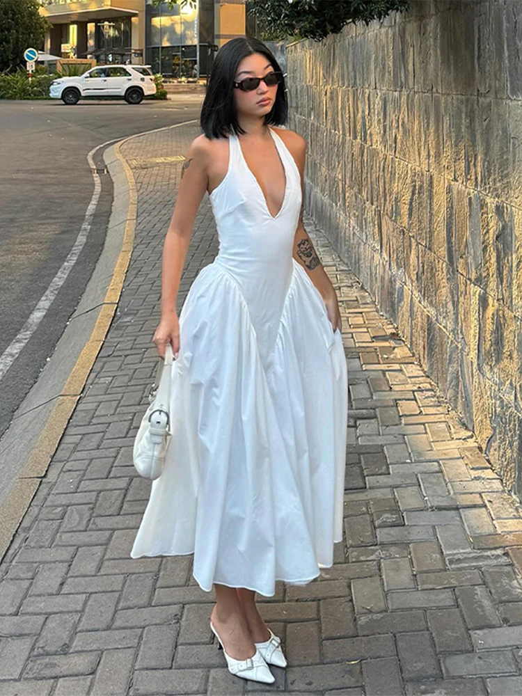 

Sexy Halter Maxi Dress Women Chic Sleeveless Backless V-neck Solid Long Dresses 2024 Lady Summer Wedding Party Beach Outfits