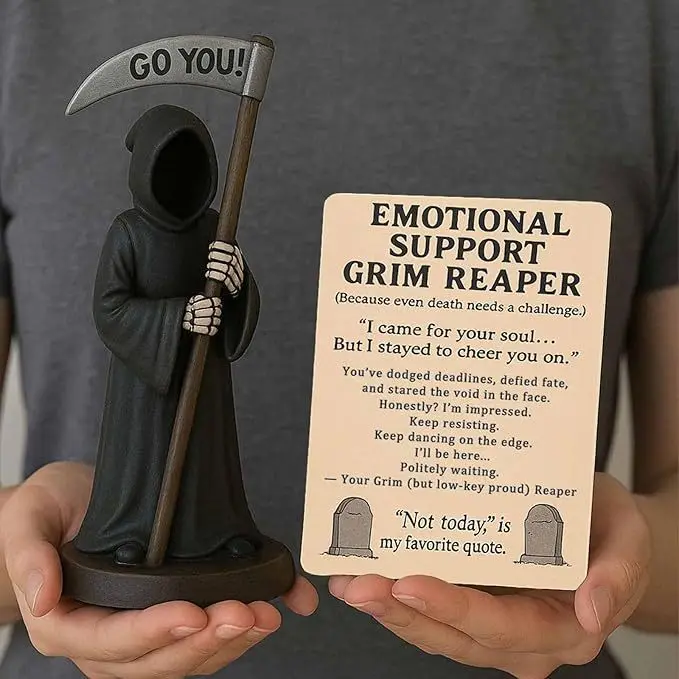 Bauhaus-Inspired Resin Grim Reaper Sculpture for Halloween Decor – Minimalist Sickle-Wielding Figure and Feline-Themed Variant i