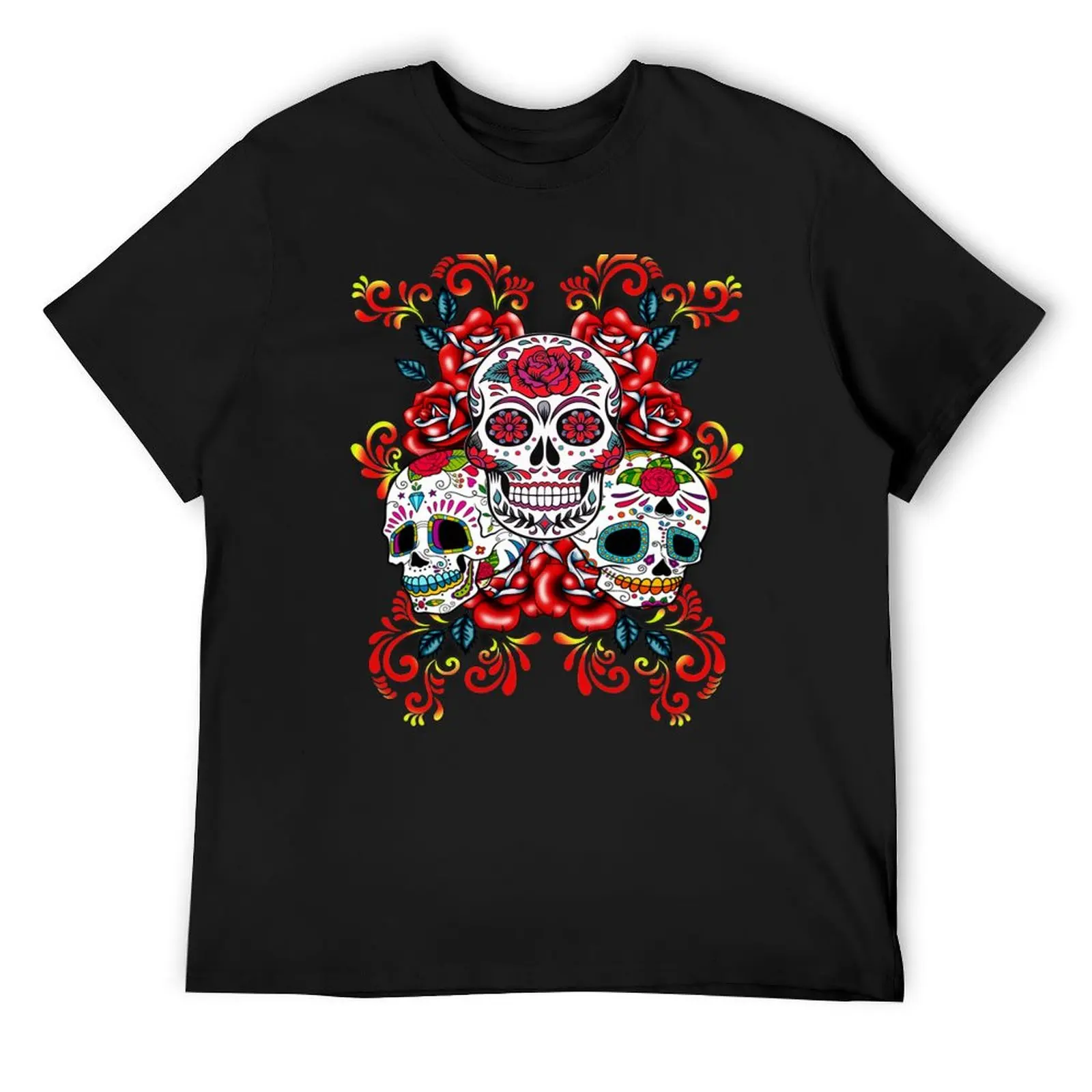 Triple Skull Red Floral Day Of The Dead Sugar Skulls T-Shirt plus size tops kawaii clothes anime figures designer t shirt men